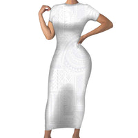 Lotu Tamaiti Samoan Art Tattoo Siapo Pattern Short Sleeve Bodycon Dress LT03 Long Dress White - Polynesian Pride