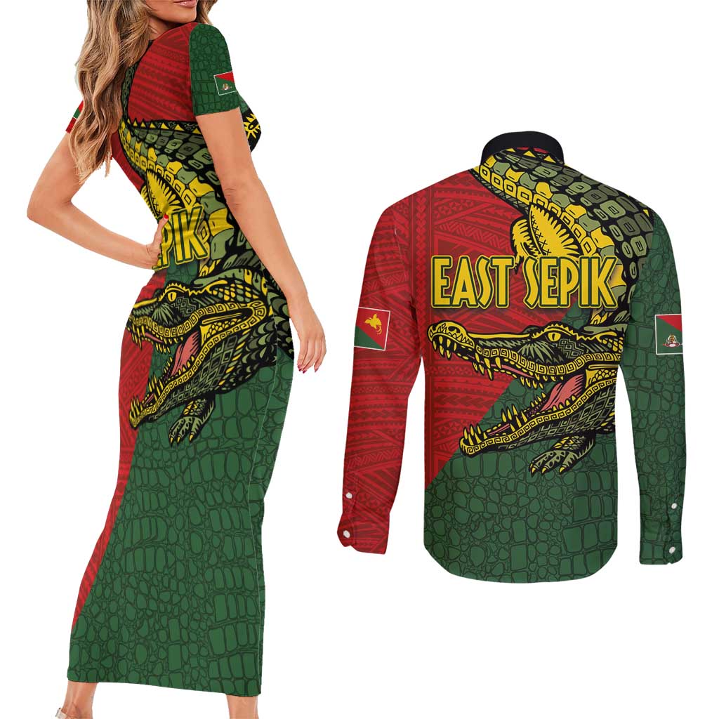 Sepik River Crocodile & Arts Festival Melanesian Pattern Couples Matching Short Sleeve Bodycon Dress and Long Sleeve Button Shirt