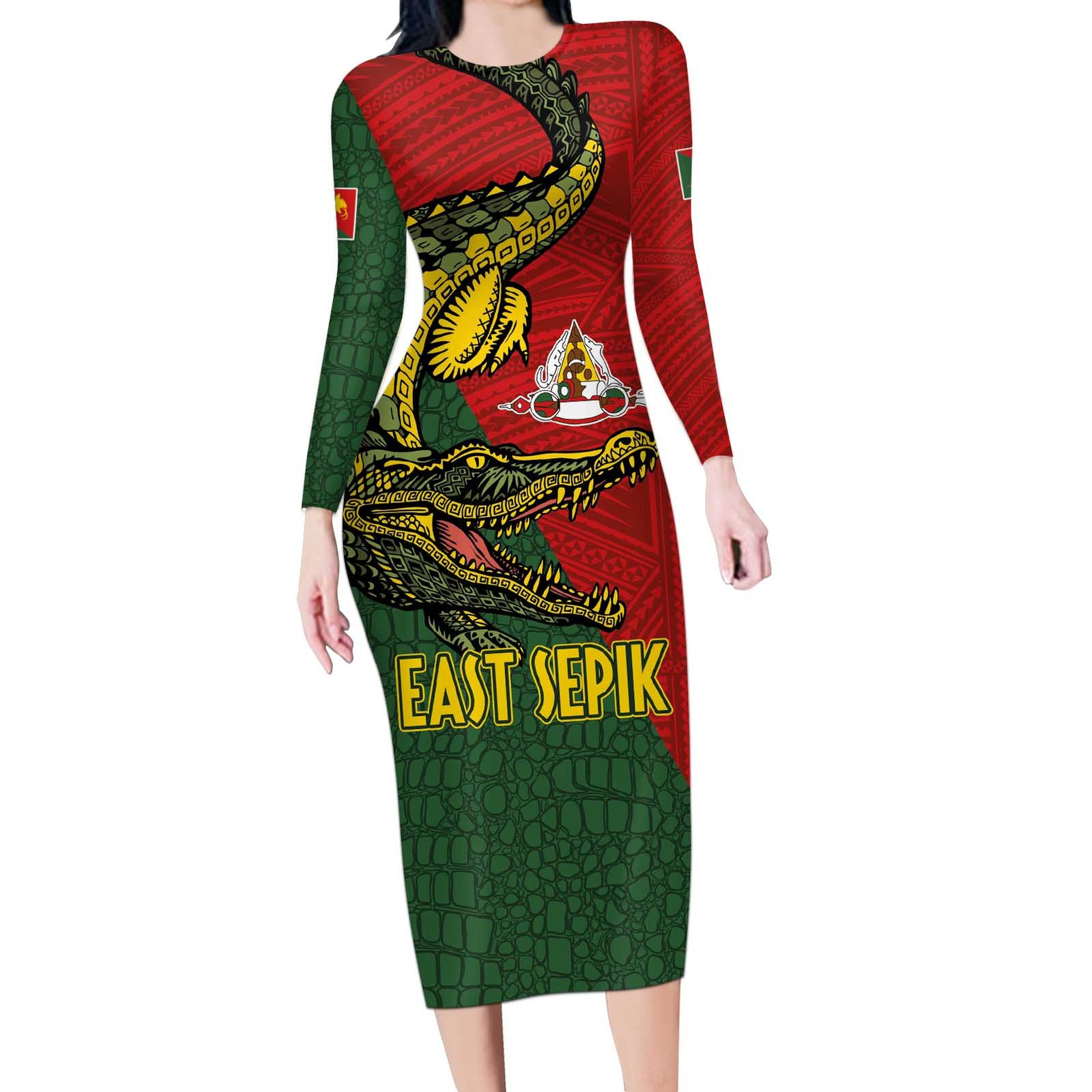 Sepik River Crocodile & Arts Festival Melanesian Pattern Long Sleeve Bodycon Dress LT03 Long Dress Red - Polynesian Pride