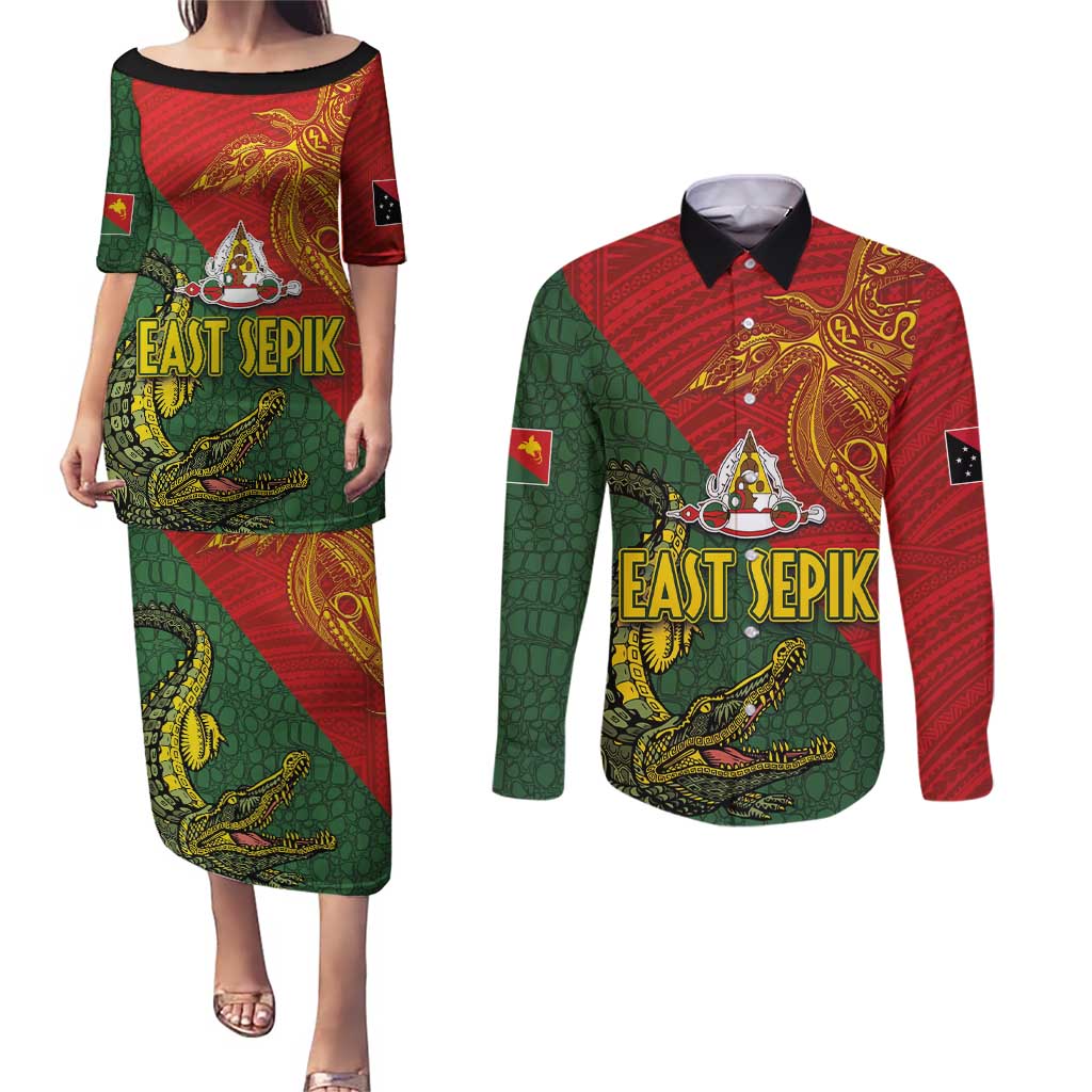 Sepik River Crocodile & Arts Festival Couples Matching Puletasi and Long Sleeve Button Shirt Bird-of-paradise Melanesian Tattoo LT03 Red - Polynesian Pride