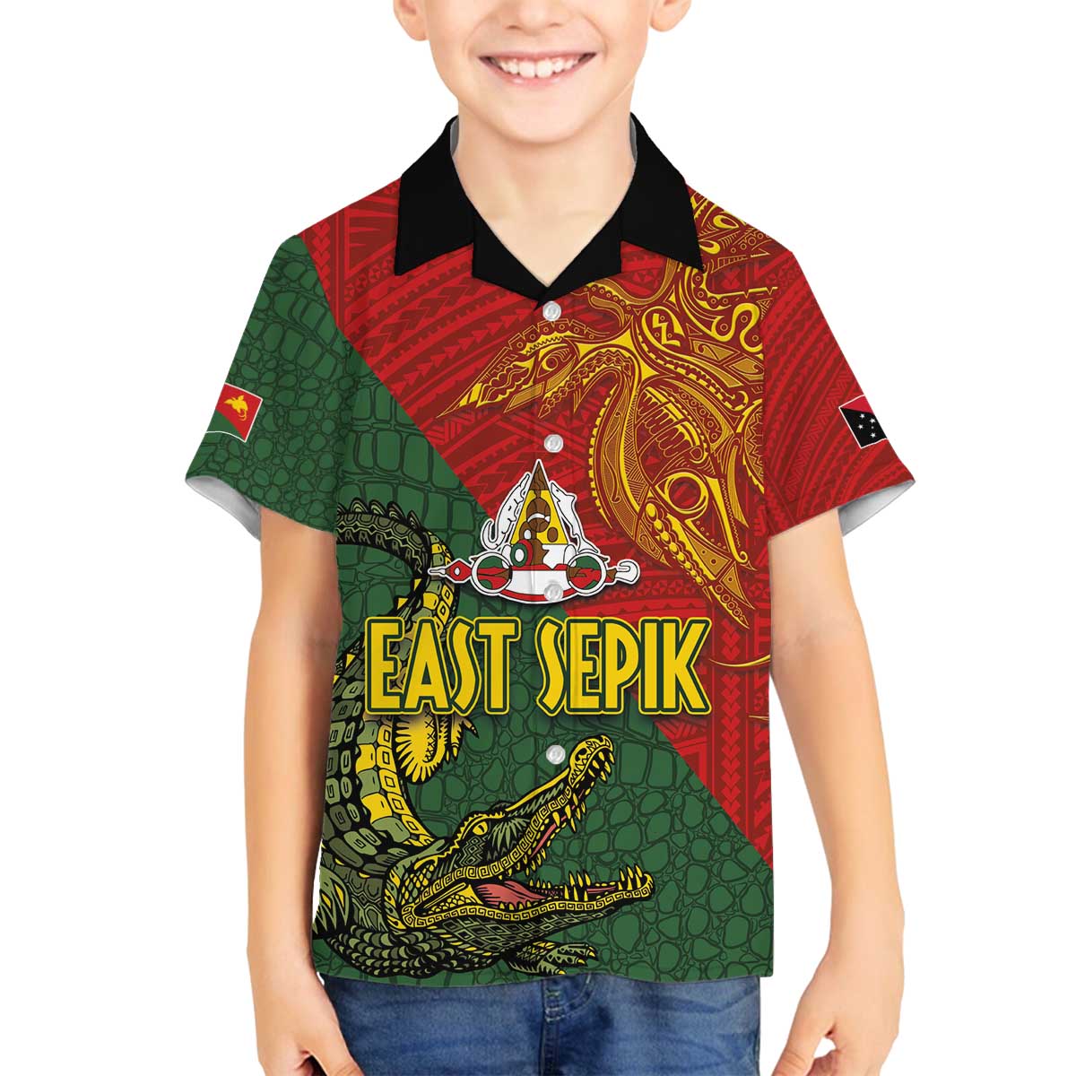 Sepik River Crocodile & Arts Festival Family Matching Off The Shoulder Long Sleeve Dress and Hawaiian Shirt Bird-of-paradise Melanesian Tattoo LT03 Son's Shirt Red - Polynesian Pride