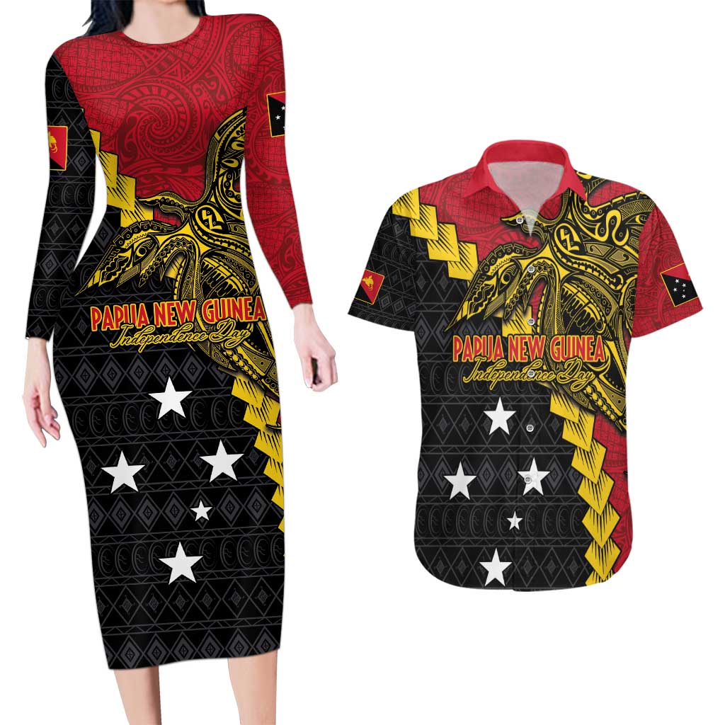 Papua New Guinea Independence Day Couples Matching Long Sleeve Bodycon Dress and Hawaiian Shirt Bird-of-paradise Melanesian Tattoo