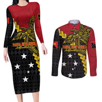Papua New Guinea Independence Day Couples Matching Long Sleeve Bodycon Dress and Long Sleeve Button Shirt Bird-of-paradise Melanesian Tattoo