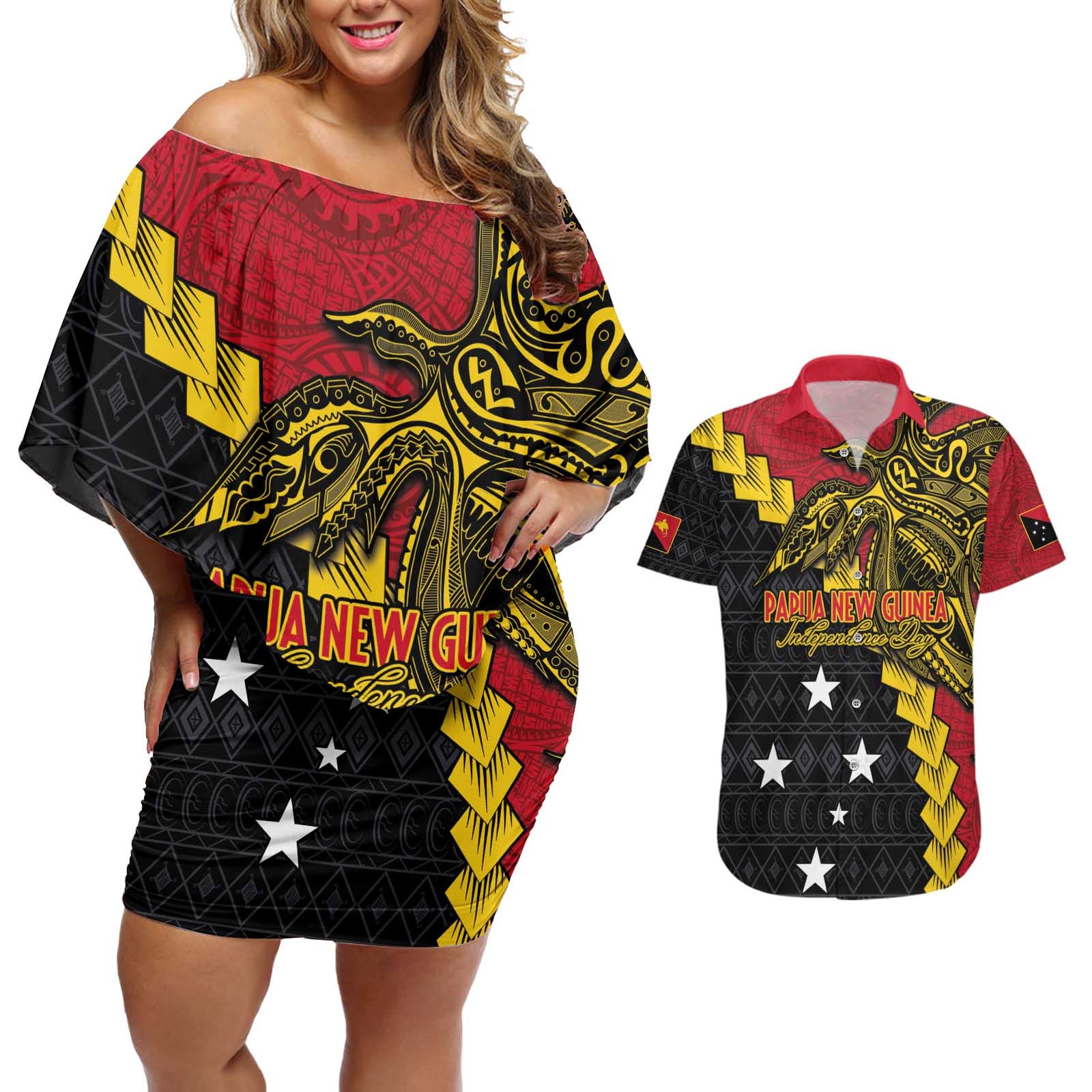 Papua New Guinea Independence Day Couples Matching Off Shoulder Short Dress and Hawaiian Shirt Bird-of-paradise Melanesian Tattoo