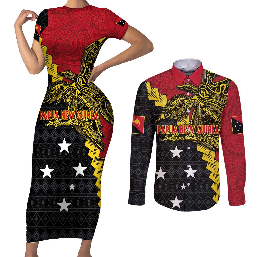 Papua New Guinea Independence Day Couples Matching Short Sleeve Bodycon Dress and Long Sleeve Button Shirt Bird-of-paradise Melanesian Tattoo