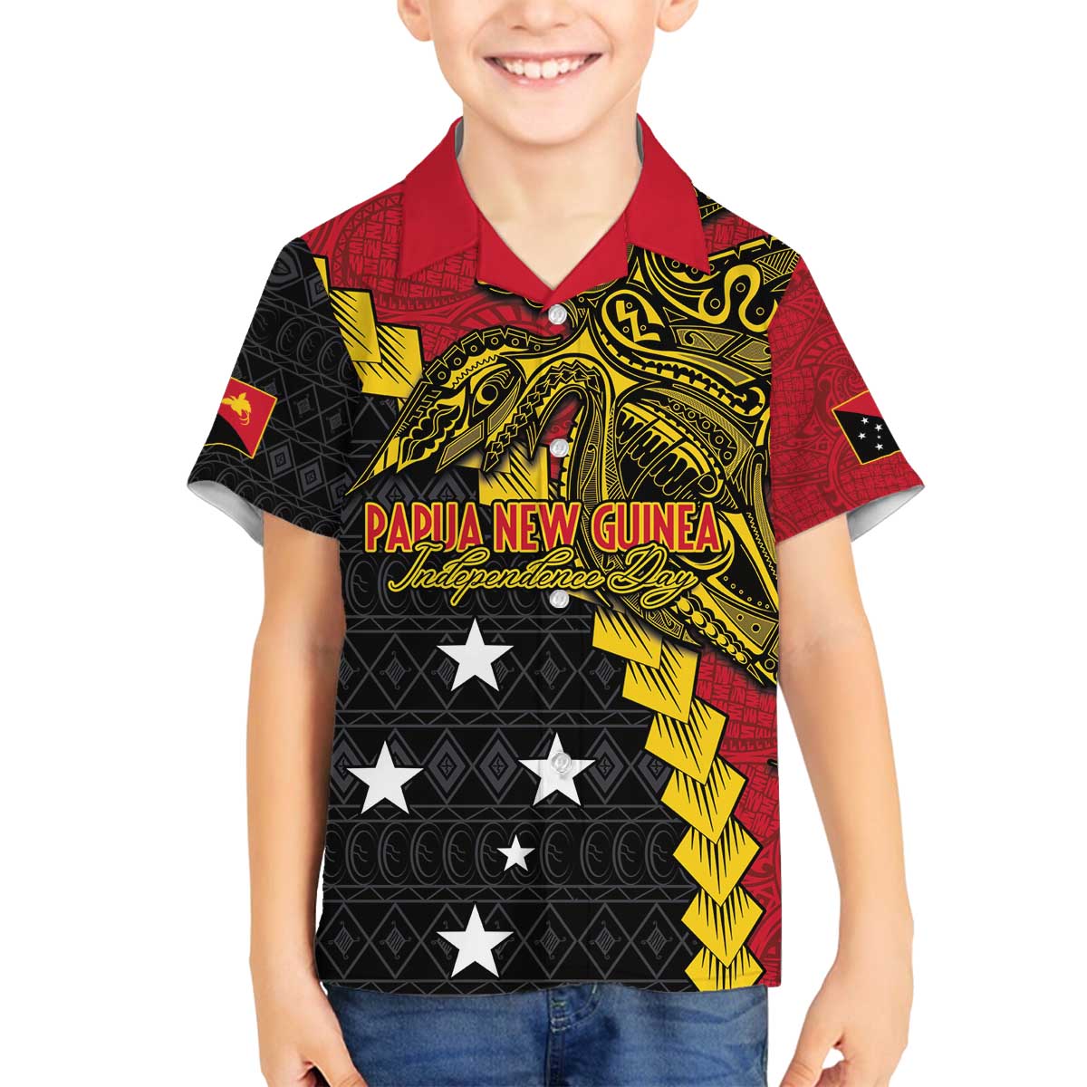 Papua New Guinea Independence Day Family Matching Off The Shoulder Long Sleeve Dress and Hawaiian Shirt Bird-of-paradise Melanesian Tattoo LT03 Son's Shirt Red - Polynesian Pride
