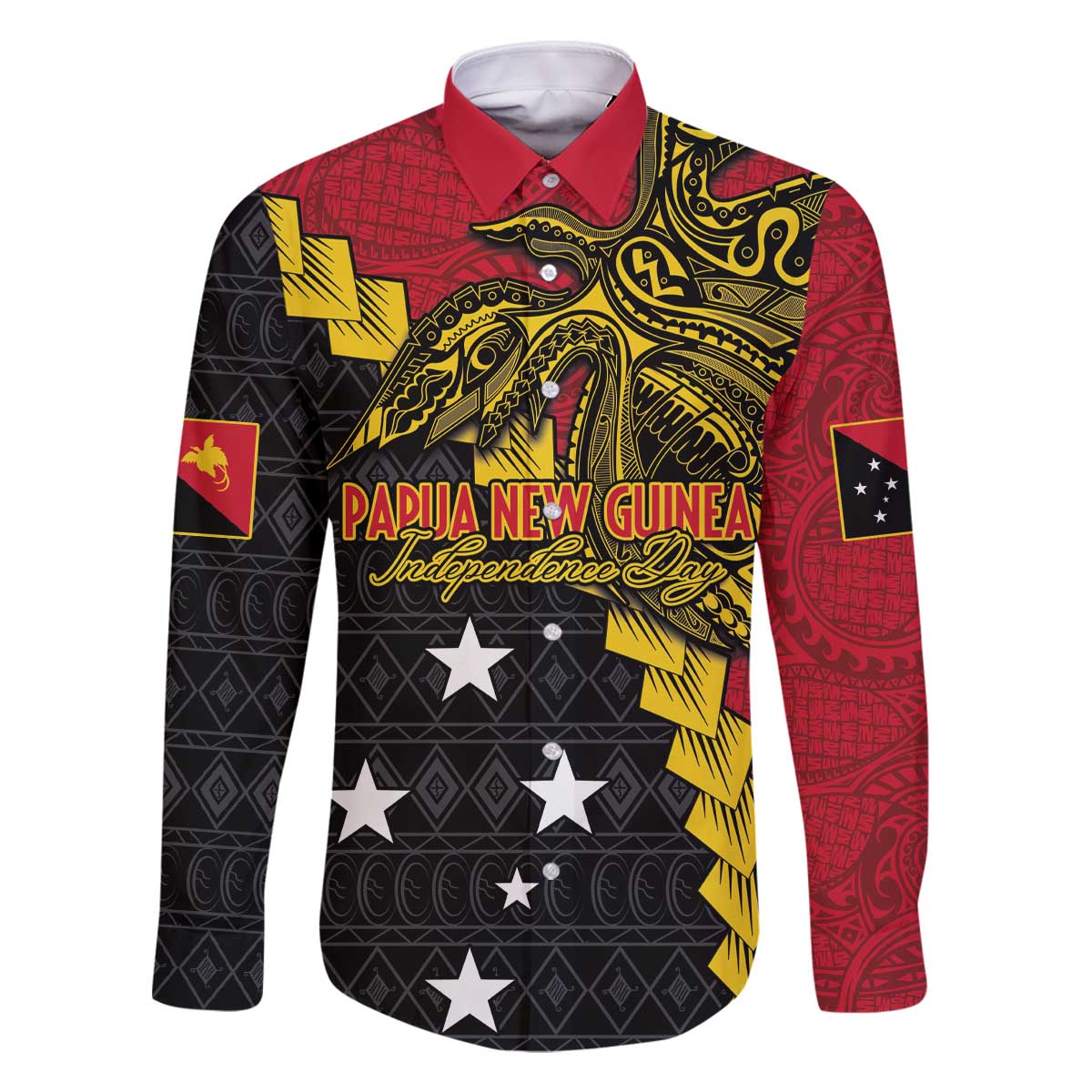 Papua New Guinea Independence Day Family Matching Off Shoulder Short Dress and Hawaiian Shirt Bird-of-paradise Melanesian Tattoo LT03 Dad's Shirt - Long Sleeve Red - Polynesian Pride