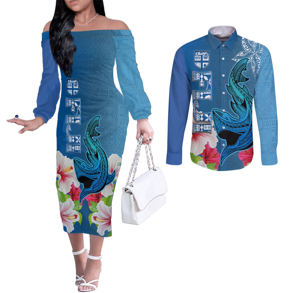 Polynesian Fiji Couples Matching Off The Shoulder Long Sleeve Dress and Long Sleeve Button Shirts Shark and Hibiscus Tapa Pattern Blue Version LT03 Blue - Polynesian Pride