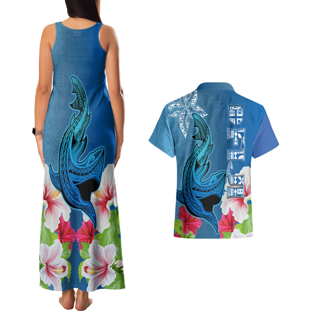 Polynesian Fiji Couples Matching Tank Maxi Dress and Hawaiian Shirt Shark and Hibiscus Tapa Pattern Blue Version LT03 - Polynesian Pride