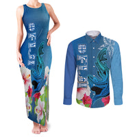 Polynesian Fiji Couples Matching Tank Maxi Dress and Long Sleeve Button Shirts Shark and Hibiscus Tapa Pattern Blue Version LT03 Blue - Polynesian Pride