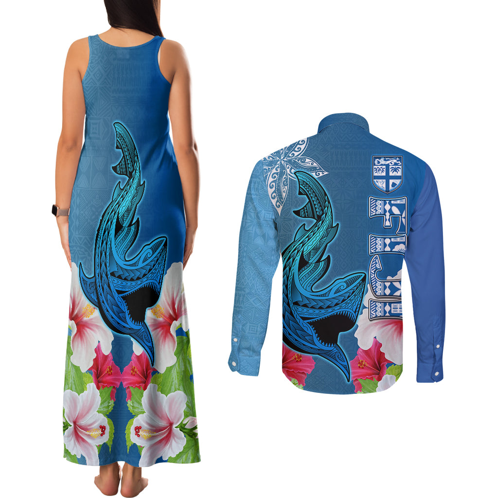 Polynesian Fiji Couples Matching Tank Maxi Dress and Long Sleeve Button Shirts Shark and Hibiscus Tapa Pattern Blue Version LT03 - Polynesian Pride