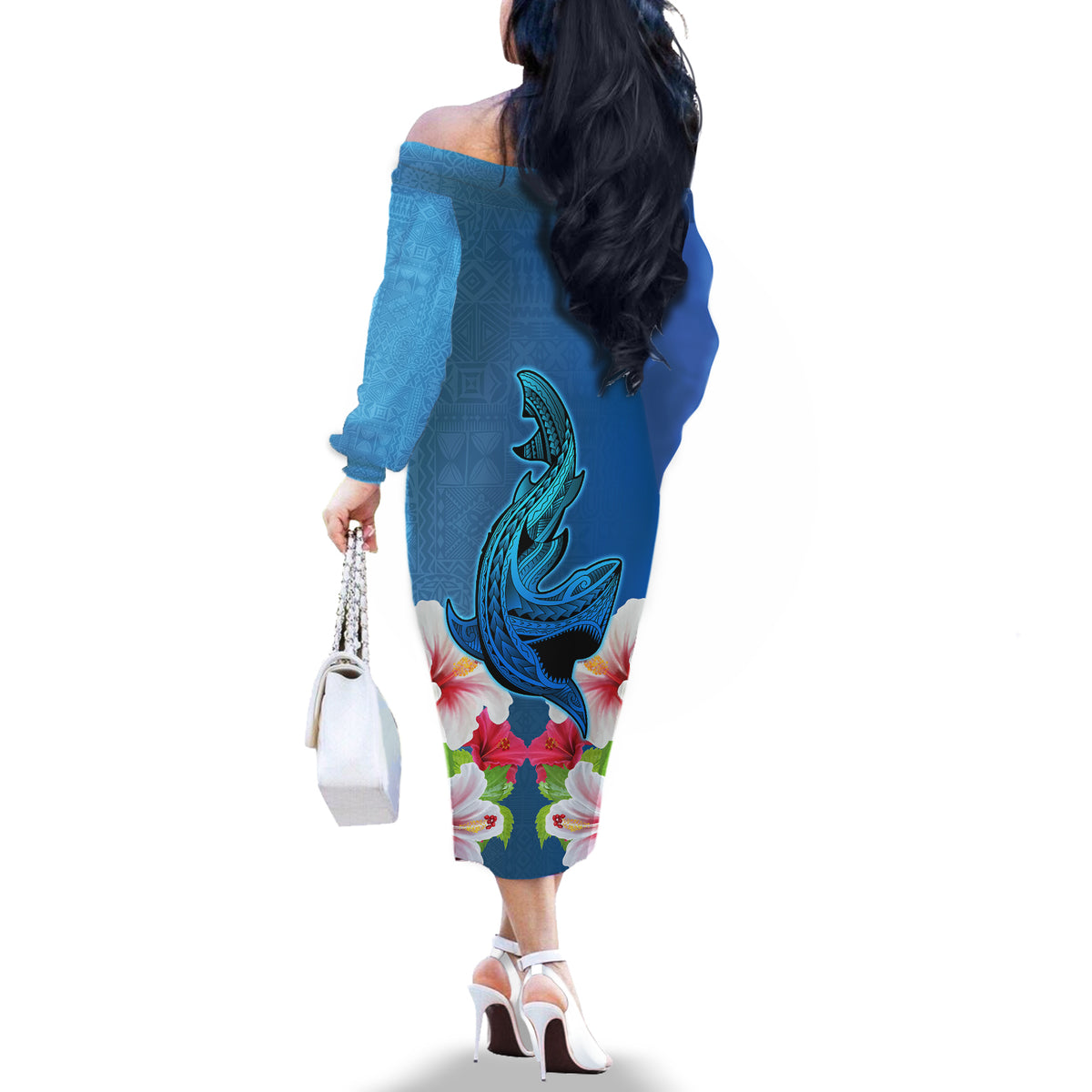 Polynesian Fiji Off The Shoulder Long Sleeve Dress Shark and Hibiscus Tapa Pattern Blue Version LT03 - Polynesian Pride