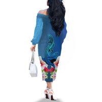 Polynesian Fiji Off The Shoulder Long Sleeve Dress Shark and Hibiscus Tapa Pattern Blue Version LT03 - Polynesian Pride