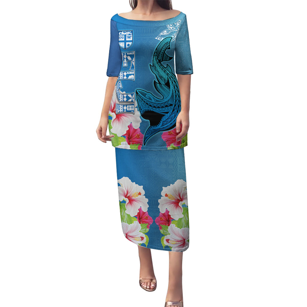 Polynesian Fiji Puletasi Shark and Hibiscus Tapa Pattern Blue Version LT03 Long Dress Blue - Polynesian Pride