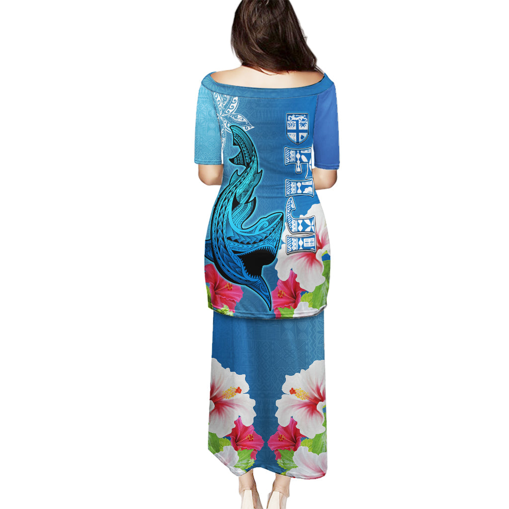 Polynesian Fiji Puletasi Shark and Hibiscus Tapa Pattern Blue Version LT03 - Polynesian Pride