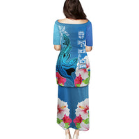 Polynesian Fiji Puletasi Shark and Hibiscus Tapa Pattern Blue Version LT03 - Polynesian Pride