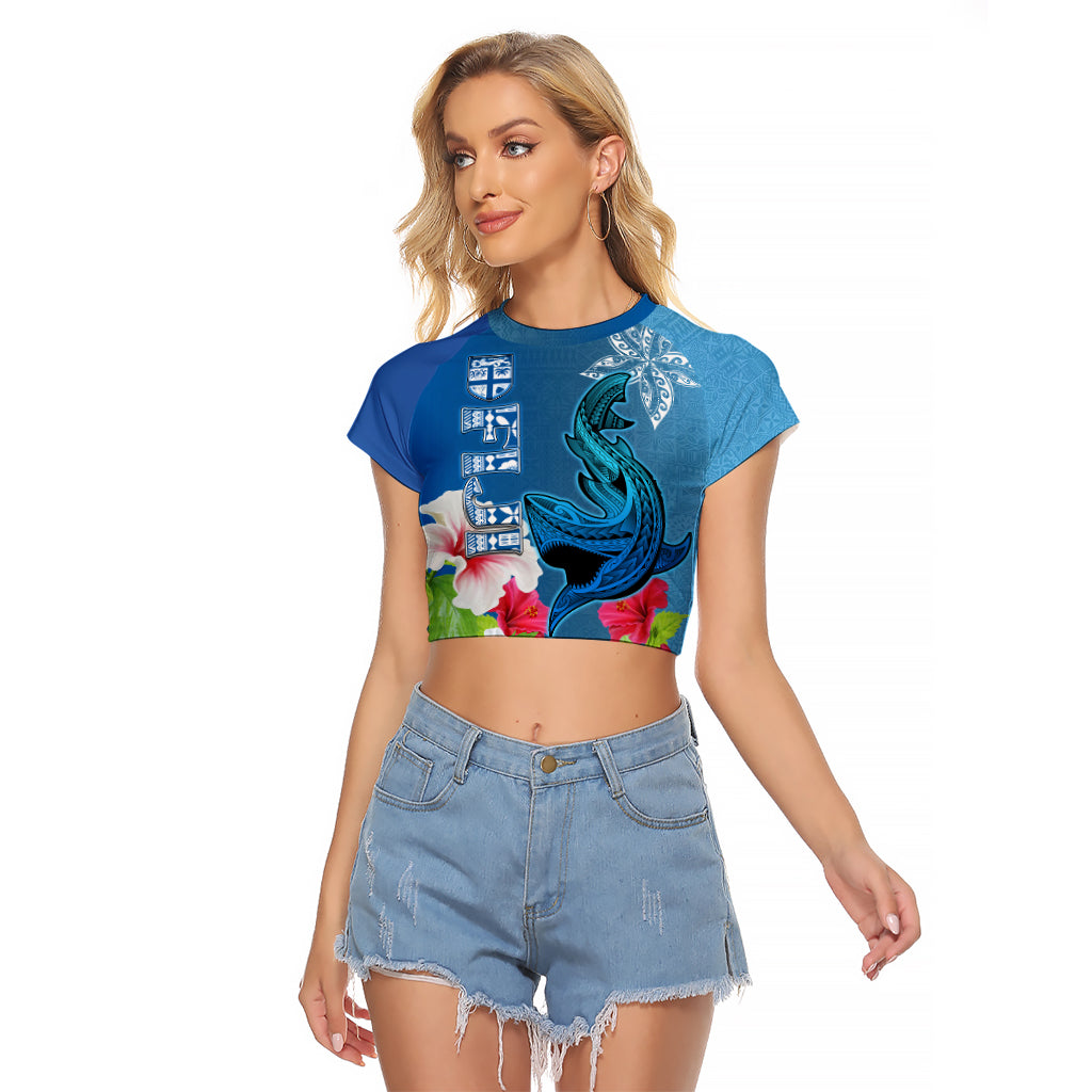 Polynesian Fiji Raglan Cropped T Shirt Shark and Hibiscus Tapa Pattern Blue Version LT03 Female Blue - Polynesian Pride