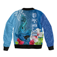 Polynesian Fiji Sleeve Zip Bomber Jacket Shark and Hibiscus Tapa Pattern Blue Version LT03 - Polynesian Pride