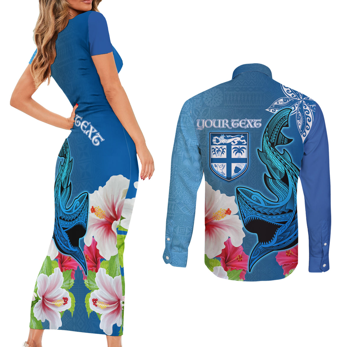 Custom Polynesian Fiji Couples Matching Short Sleeve Bodycon Dress and Long Sleeve Button Shirts Shark and Hibiscus Tapa Pattern Blue Version LT03 - Polynesian Pride