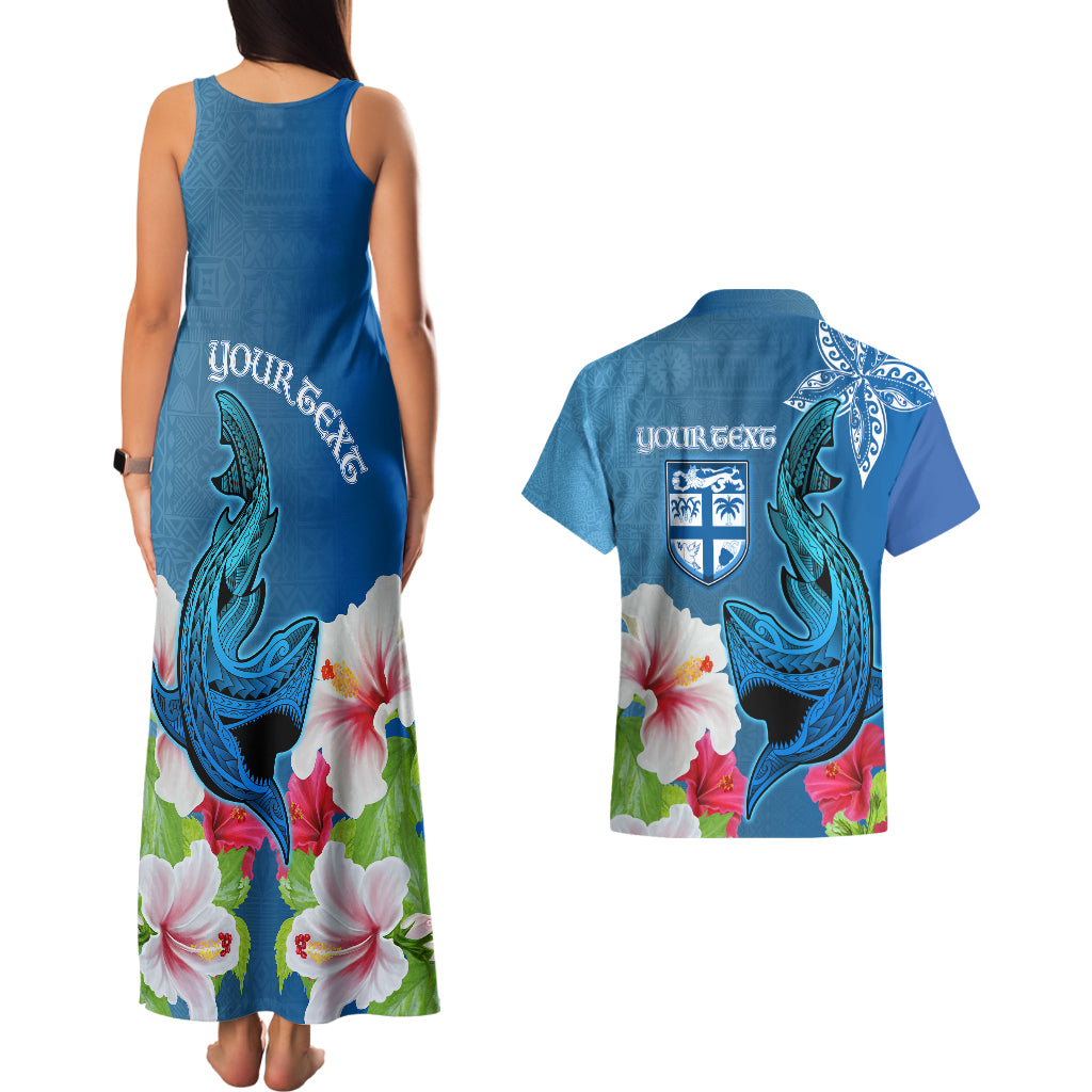 Custom Polynesian Fiji Couples Matching Tank Maxi Dress and Hawaiian Shirt Shark and Hibiscus Tapa Pattern Blue Version LT03 - Polynesian Pride