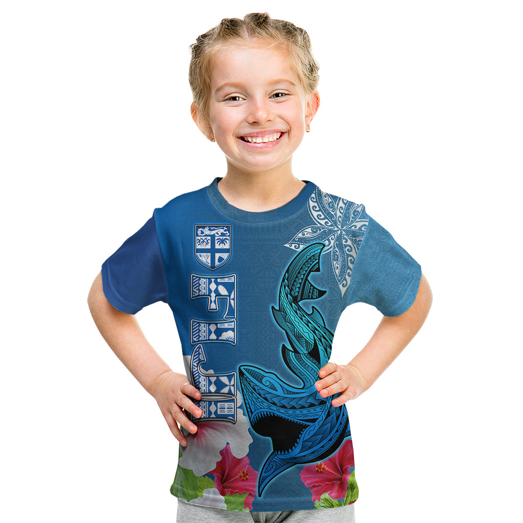Custom Polynesian Fiji Kid T Shirt Shark and Hibiscus Tapa Pattern Blue Version LT03 Blue - Polynesian Pride