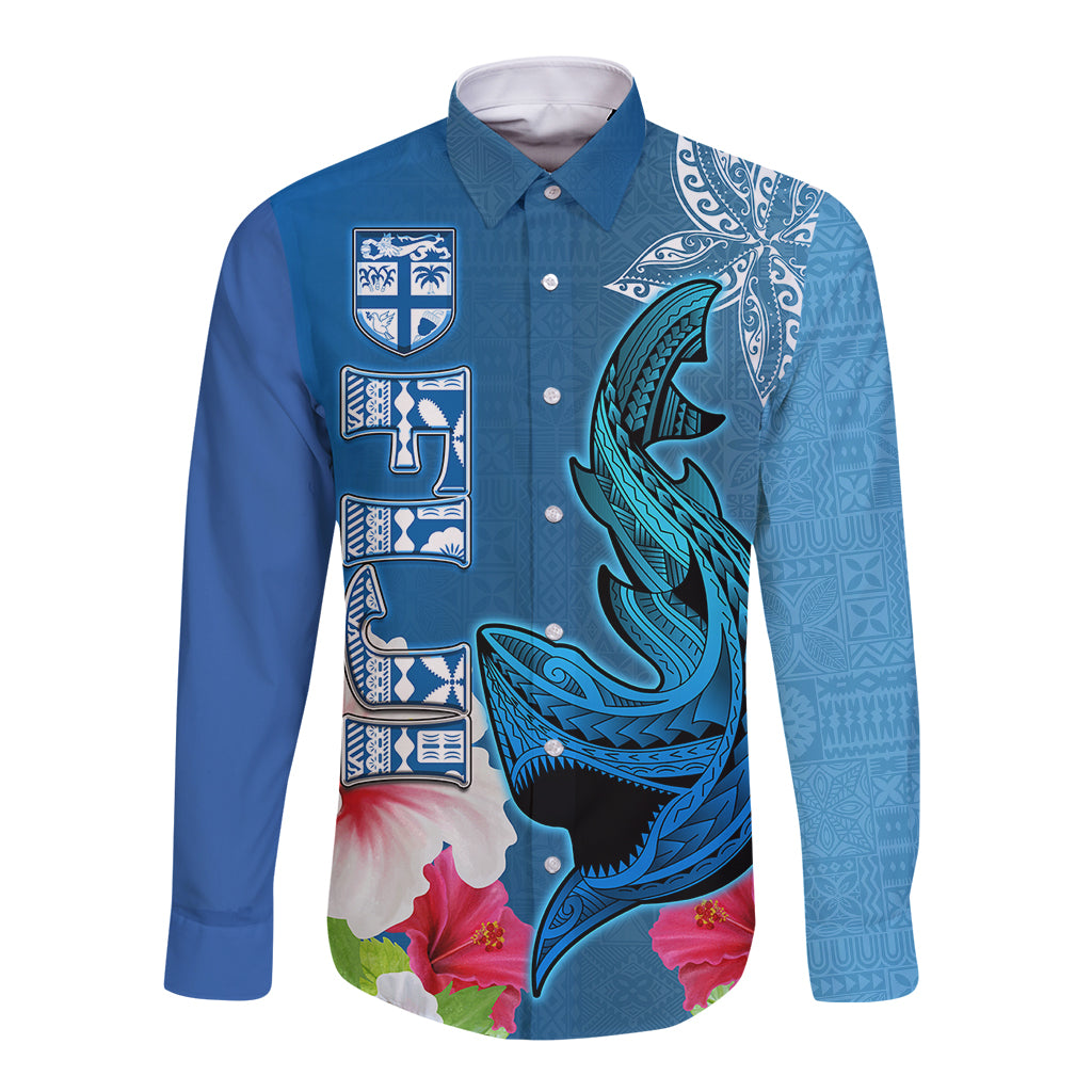 Custom Polynesian Fiji Long Sleeve Button Shirt Shark and Hibiscus Tapa Pattern Blue Version LT03 Unisex Blue - Polynesian Pride