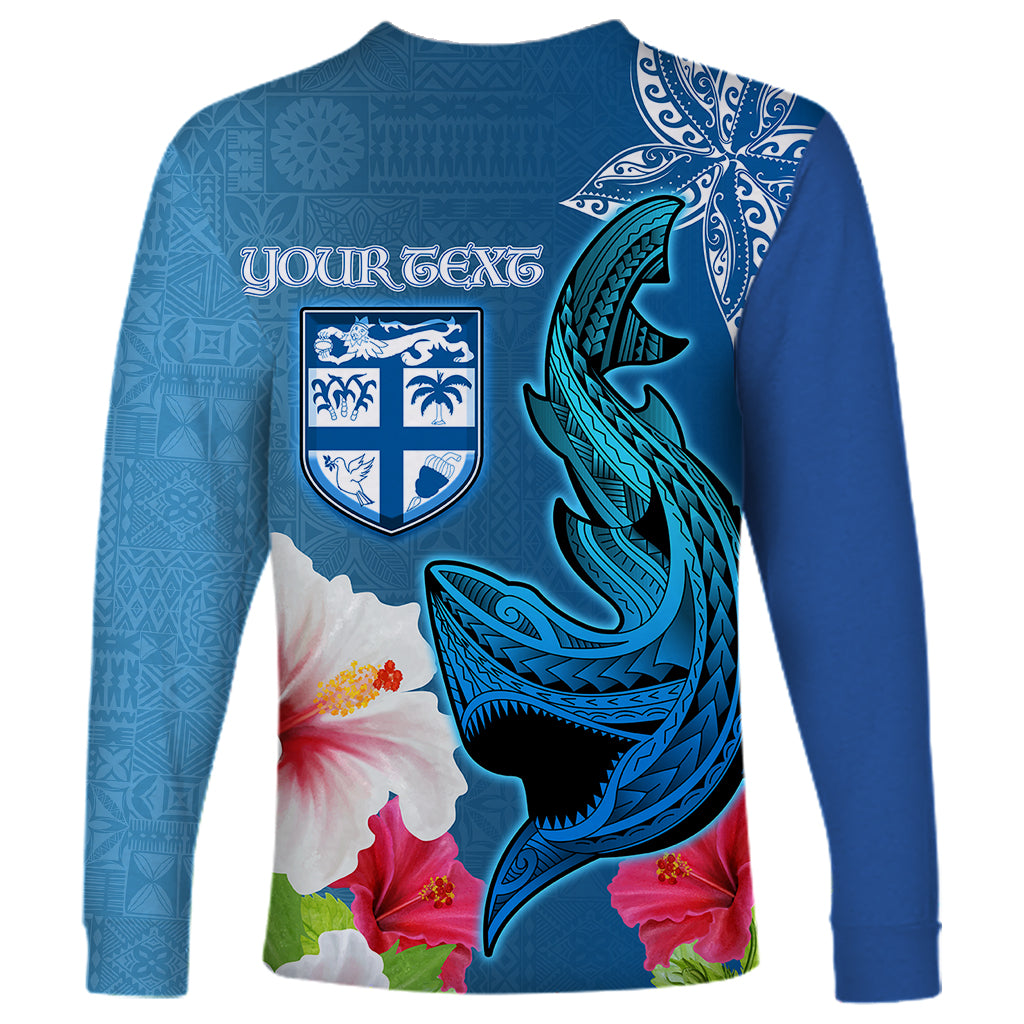 Custom Polynesian Fiji Long Sleeve Shirt Shark and Hibiscus Tapa Pattern Blue Version LT03 - Polynesian Pride