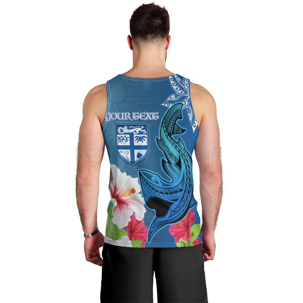 Custom Polynesian Fiji Men Tank Top Shark and Hibiscus Tapa Pattern Blue Version LT03 - Polynesian Pride