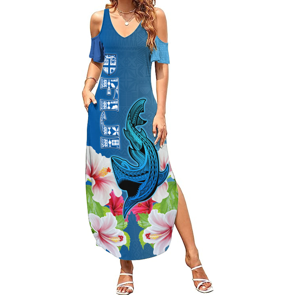 Custom Polynesian Fiji Summer Maxi Dress Shark and Hibiscus Tapa Pattern Blue Version LT03 Women Blue - Polynesian Pride