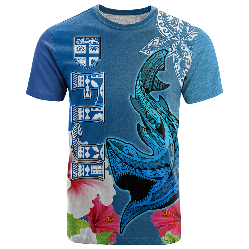 Custom Polynesian Fiji T Shirt Shark and Hibiscus Tapa Pattern Blue Version LT03 Blue - Polynesian Pride