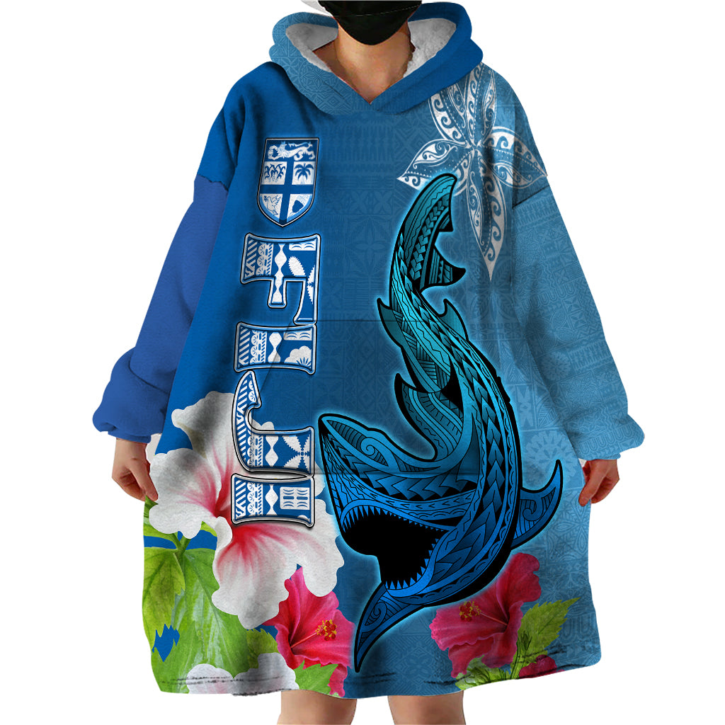 Custom Polynesian Fiji Wearable Blanket Hoodie Shark and Hibiscus Tapa Pattern Blue Version LT03 - Polynesian Pride