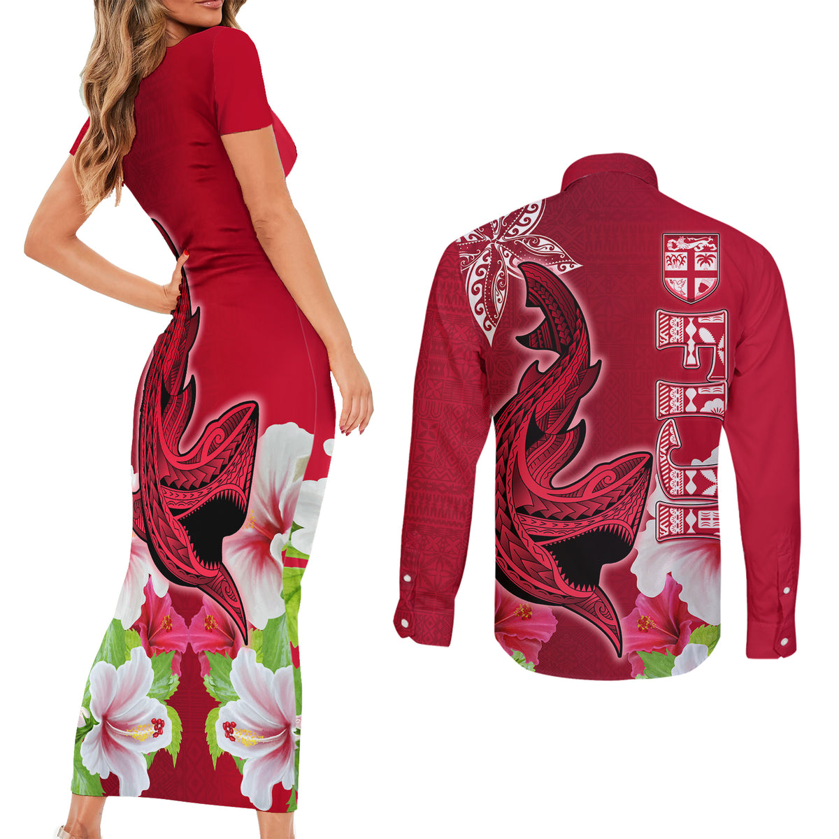 Polynesian Fiji Couples Matching Short Sleeve Bodycon Dress and Long Sleeve Button Shirts Shark and Hibiscus Tapa Pattern Red Version LT03 - Polynesian Pride