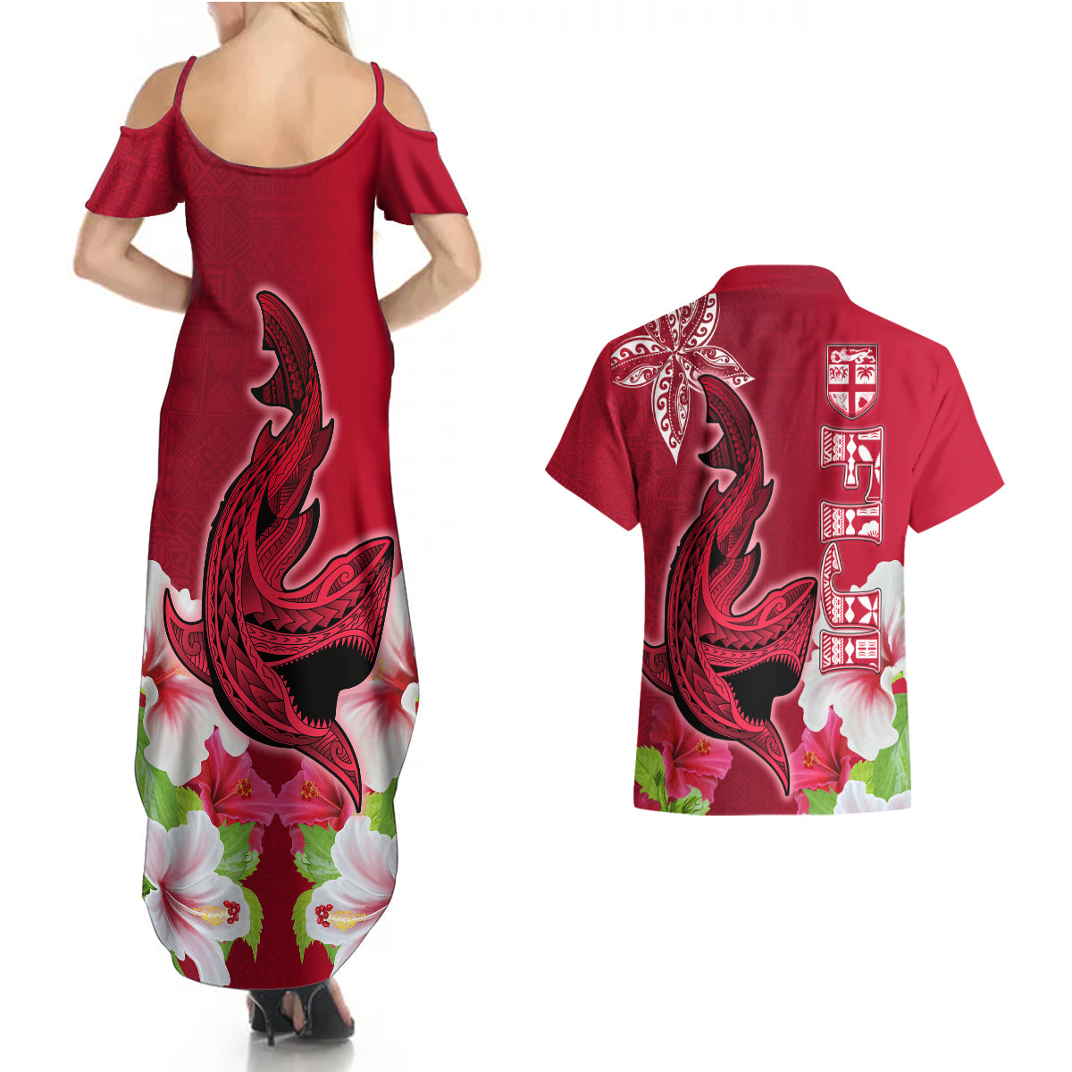 Polynesian Fiji Couples Matching Summer Maxi Dress and Hawaiian Shirt Shark and Hibiscus Tapa Pattern Red Version LT03 - Polynesian Pride
