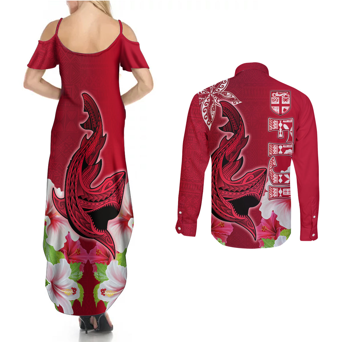 Polynesian Fiji Couples Matching Summer Maxi Dress and Long Sleeve Button Shirts Shark and Hibiscus Tapa Pattern Red Version LT03 - Polynesian Pride