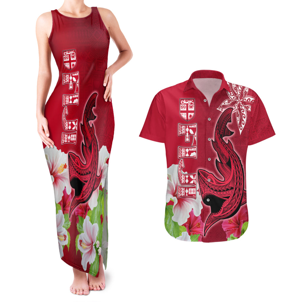 Polynesian Fiji Couples Matching Tank Maxi Dress and Hawaiian Shirt Shark and Hibiscus Tapa Pattern Red Version LT03 Red - Polynesian Pride