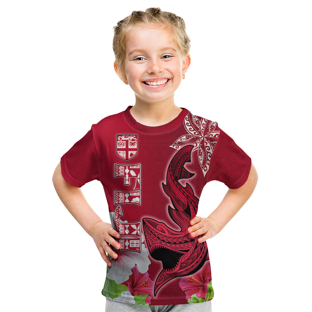 Polynesian Fiji Kid T Shirt Shark and Hibiscus Tapa Pattern Red Version LT03 Red - Polynesian Pride