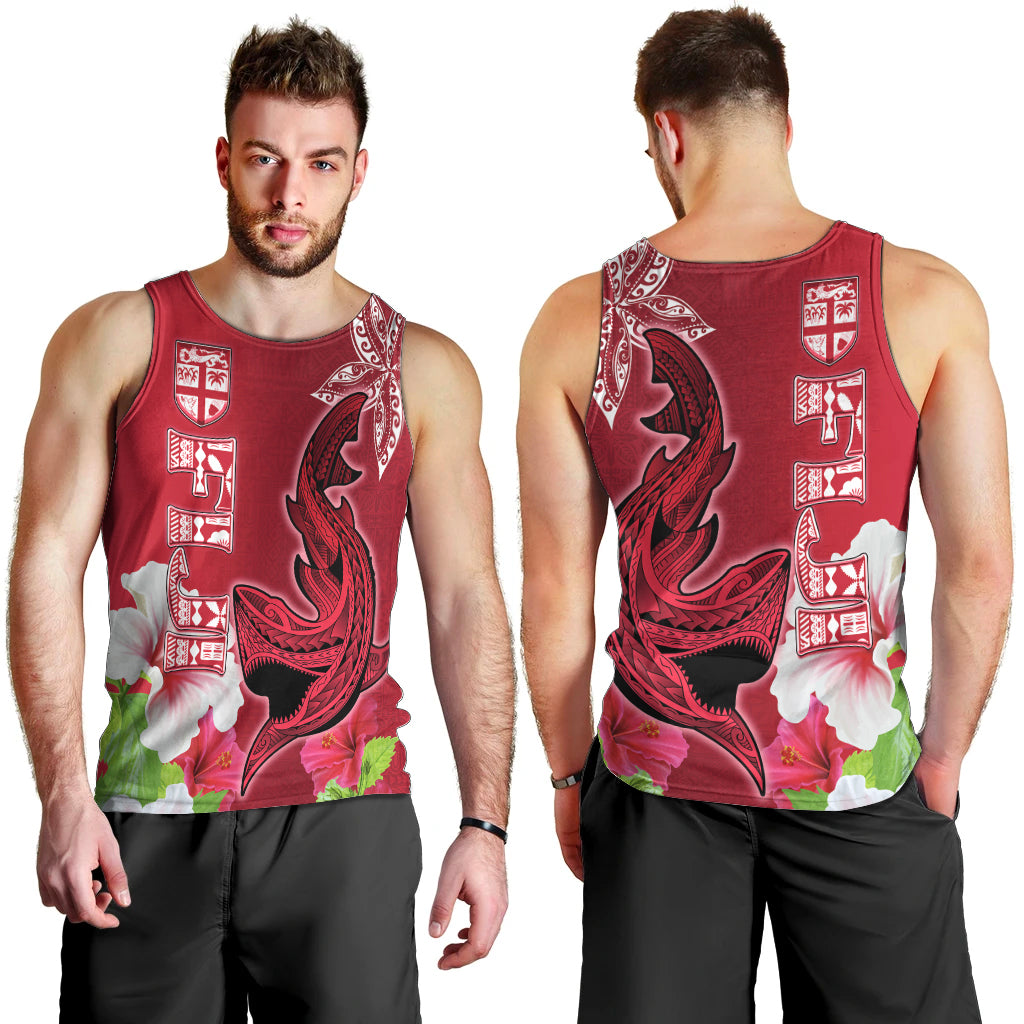 Polynesian Fiji Men Tank Top Shark and Hibiscus Tapa Pattern Red Version LT03 - Polynesian Pride
