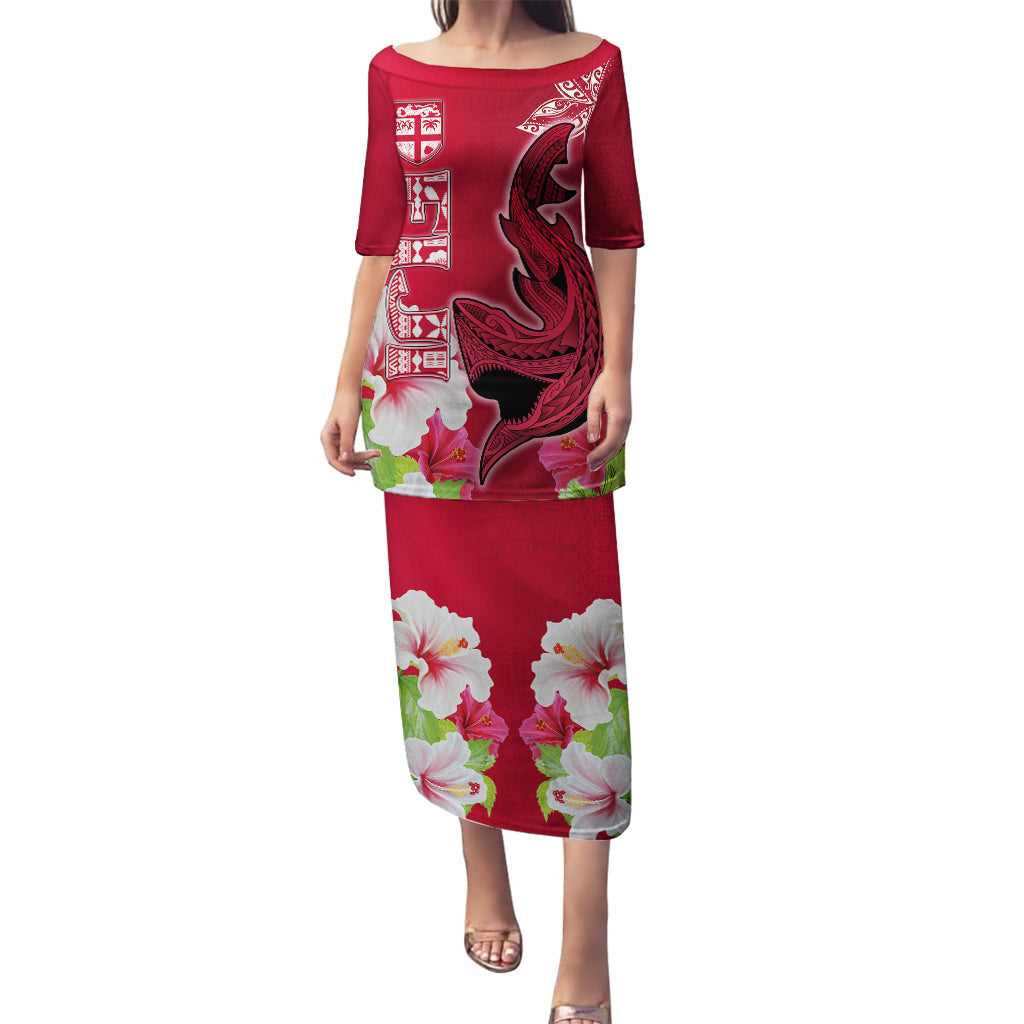 Polynesian Fiji Puletasi Shark and Hibiscus Tapa Pattern Red Version LT03 Long Dress Red - Polynesian Pride
