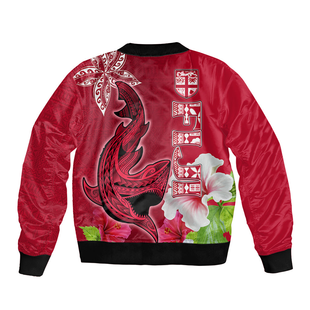 Polynesian Fiji Sleeve Zip Bomber Jacket Shark and Hibiscus Tapa Pattern Red Version LT03 - Polynesian Pride