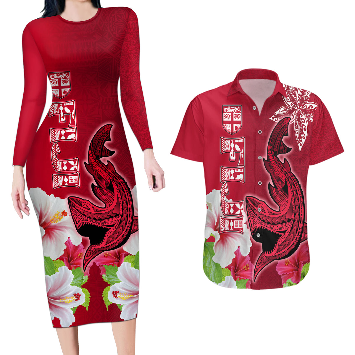 Custom Polynesian Fiji Couples Matching Long Sleeve Bodycon Dress and Hawaiian Shirt Shark and Hibiscus Tapa Pattern Red Version LT03 Red - Polynesian Pride
