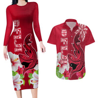 Custom Polynesian Fiji Couples Matching Long Sleeve Bodycon Dress and Hawaiian Shirt Shark and Hibiscus Tapa Pattern Red Version LT03 Red - Polynesian Pride
