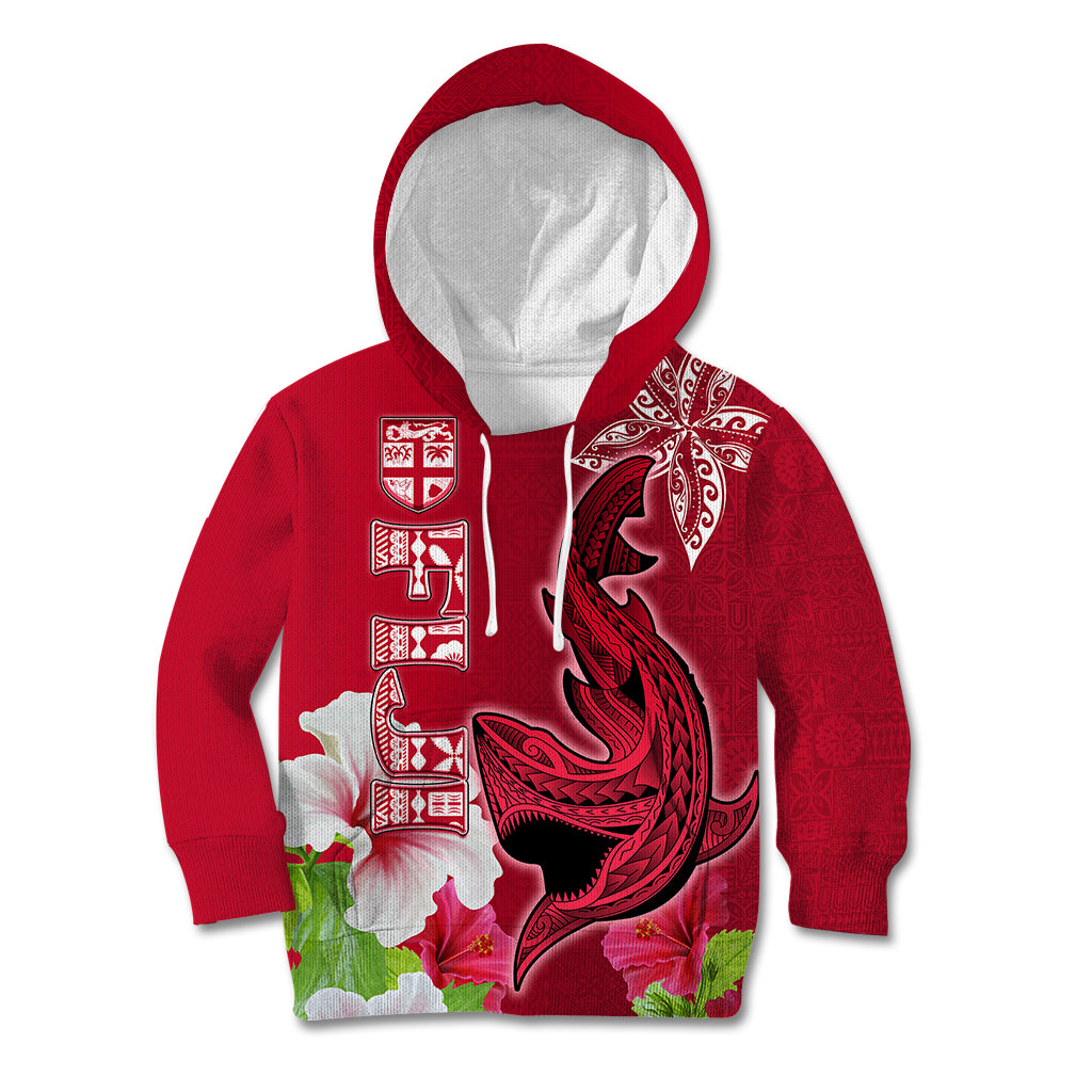 Custom Polynesian Fiji Kid Hoodie Shark and Hibiscus Tapa Pattern Red Version LT03 Red - Polynesian Pride