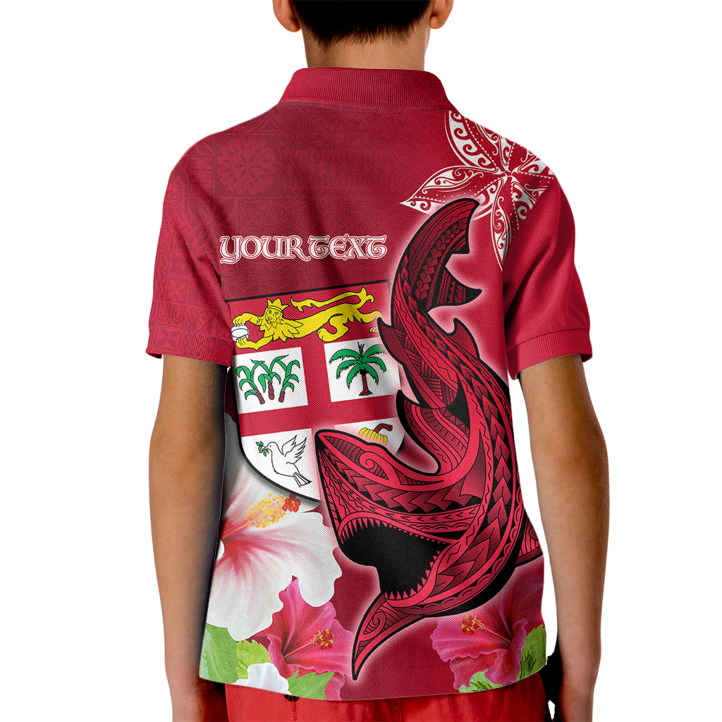 Custom Polynesian Fiji Kid Polo Shirt Shark and Hibiscus Tapa Pattern Red Version LT03 - Polynesian Pride