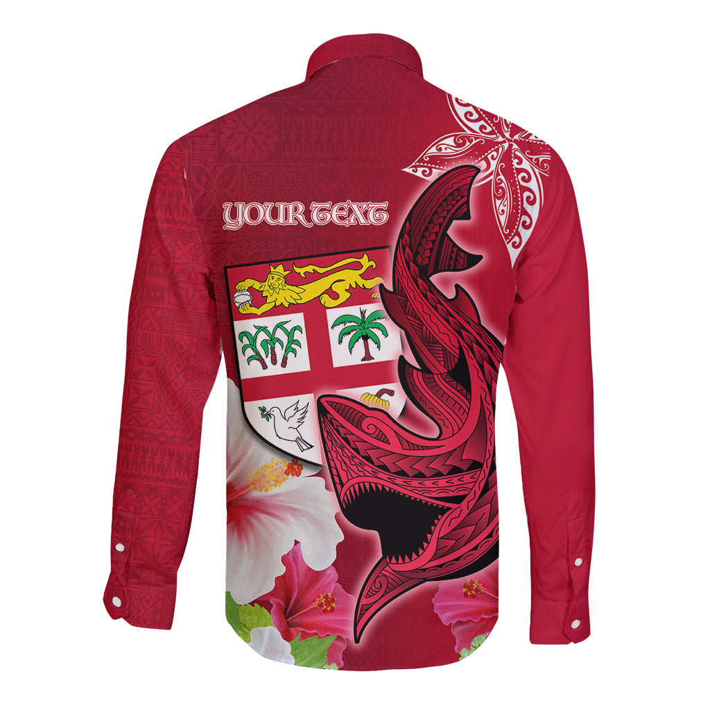 Custom Polynesian Fiji Long Sleeve Button Shirt Shark and Hibiscus Tapa Pattern Red Version LT03 - Polynesian Pride