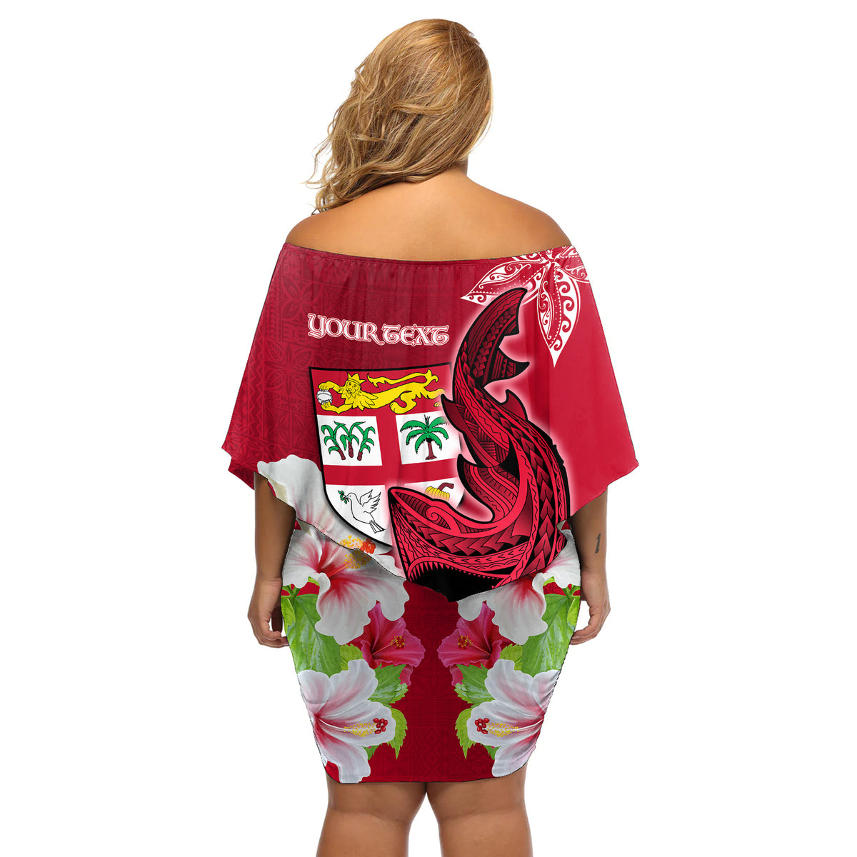 Custom Polynesian Fiji Off Shoulder Short Dress Shark and Hibiscus Tapa Pattern Red Version LT03 - Polynesian Pride