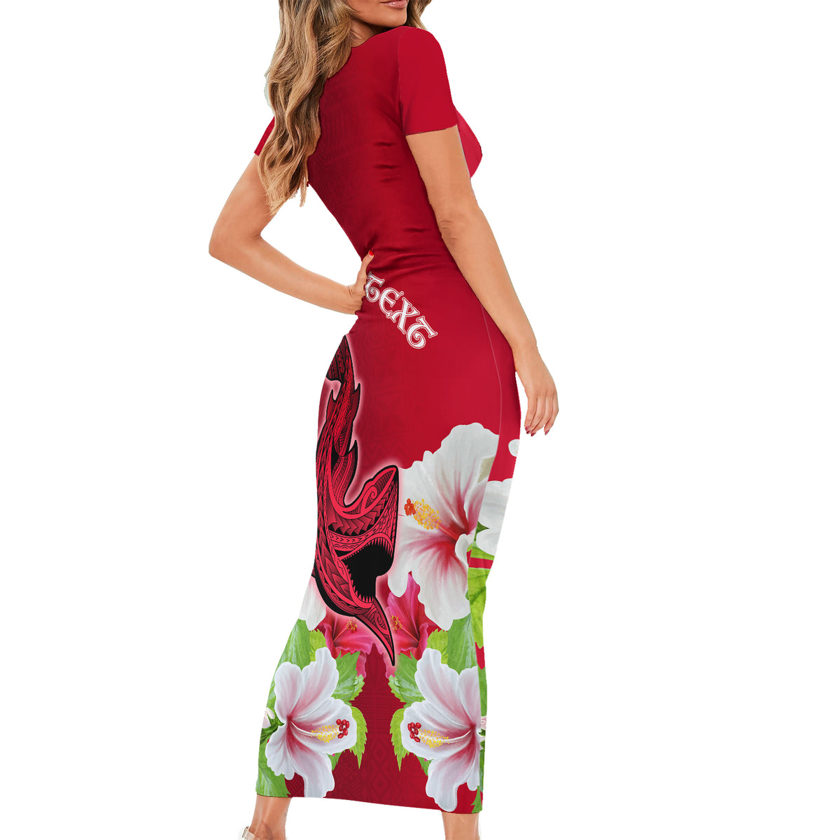 Custom Polynesian Fiji Short Sleeve Bodycon Dress Shark and Hibiscus Tapa Pattern Red Version LT03 - Polynesian Pride