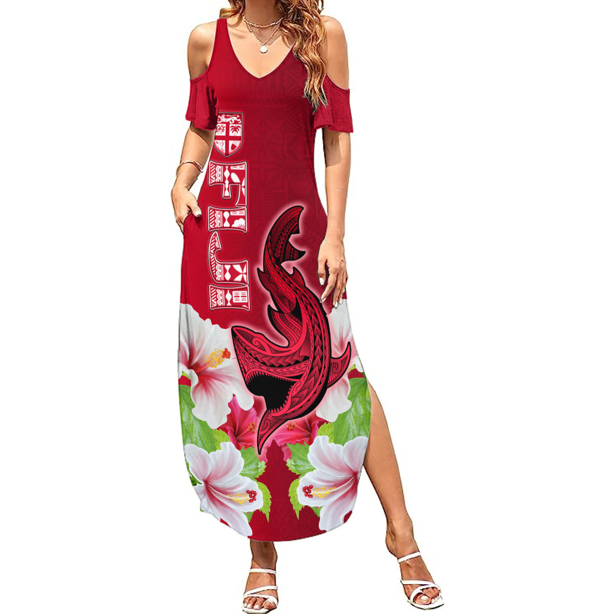 Custom Polynesian Fiji Summer Maxi Dress Shark and Hibiscus Tapa Pattern Red Version LT03 Women Red - Polynesian Pride