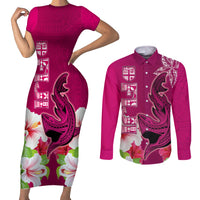 Polynesian Fiji Couples Matching Short Sleeve Bodycon Dress and Long Sleeve Button Shirts Shark and Hibiscus Tapa Pattern Purple Version LT03 Pink - Polynesian Pride