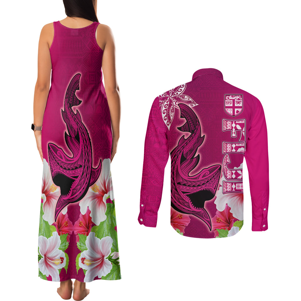 Polynesian Fiji Couples Matching Tank Maxi Dress and Long Sleeve Button Shirts Shark and Hibiscus Tapa Pattern Purple Version LT03 - Polynesian Pride