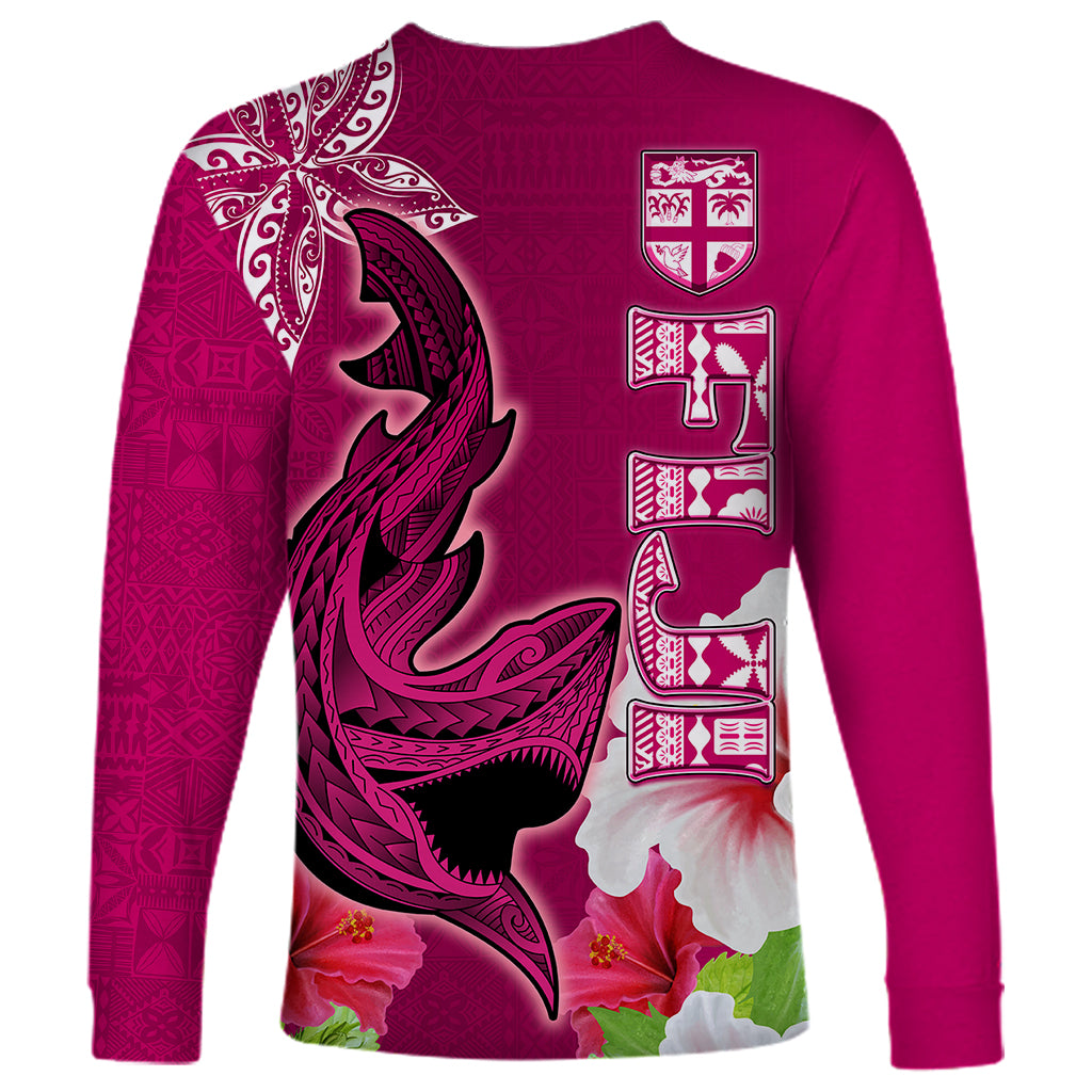 Polynesian Fiji Long Sleeve Shirt Shark and Hibiscus Tapa Pattern Purple Version LT03 - Polynesian Pride